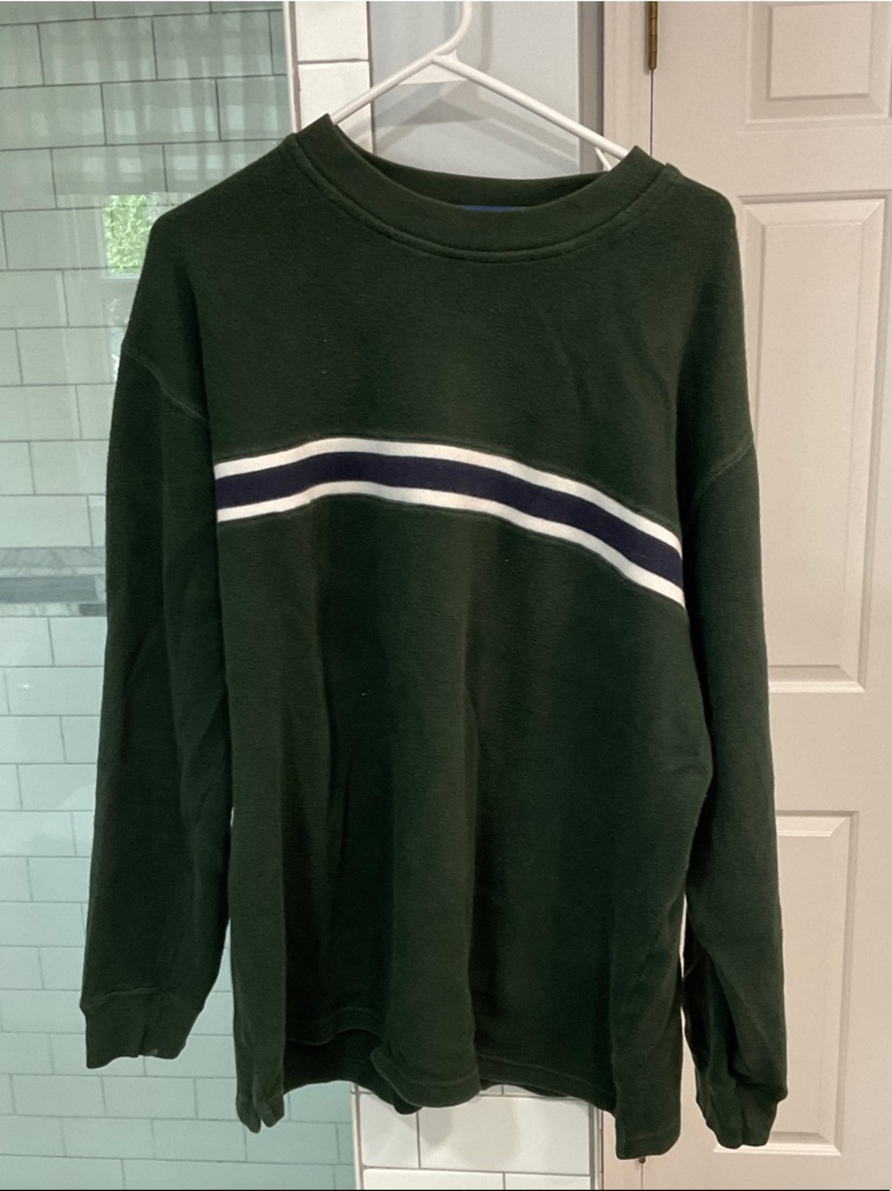 J. Crew Dark Green Crewneck Sweater with White and Navy Chest Stripes